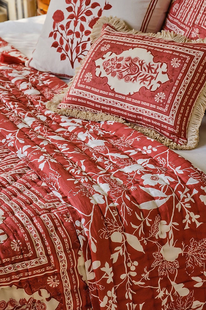 Red Silk & Cotton Printed Reversible Quilt by vVyom at Pernia's Pop Up Shop