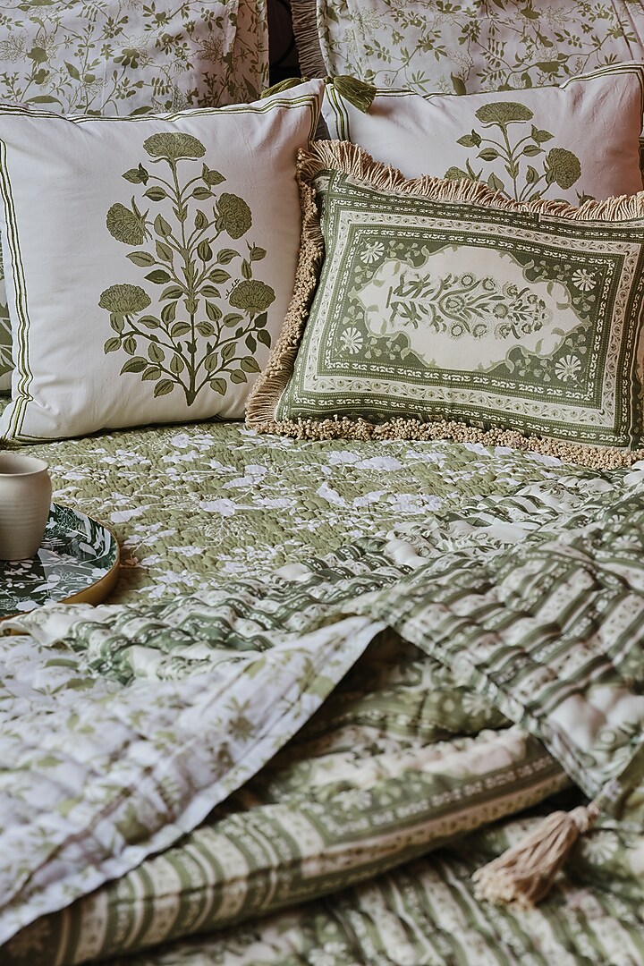 Beige Silk & Cotton Printed Reversible Quilt by vVyom at Pernia's Pop Up Shop