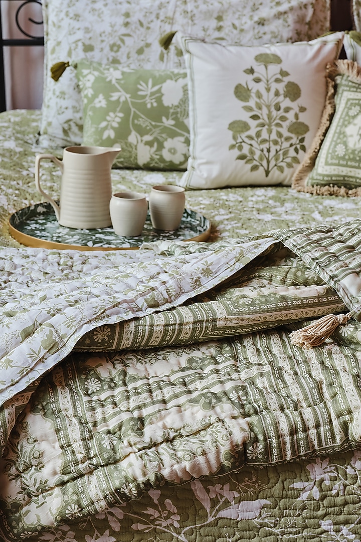 Beige Silk & Cotton Printed Reversible Quilt by vVyom at Pernia's Pop Up Shop