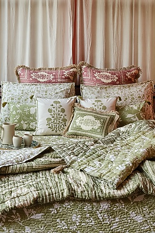 Beige Silk & Cotton Printed Reversible Quilt by vVyom