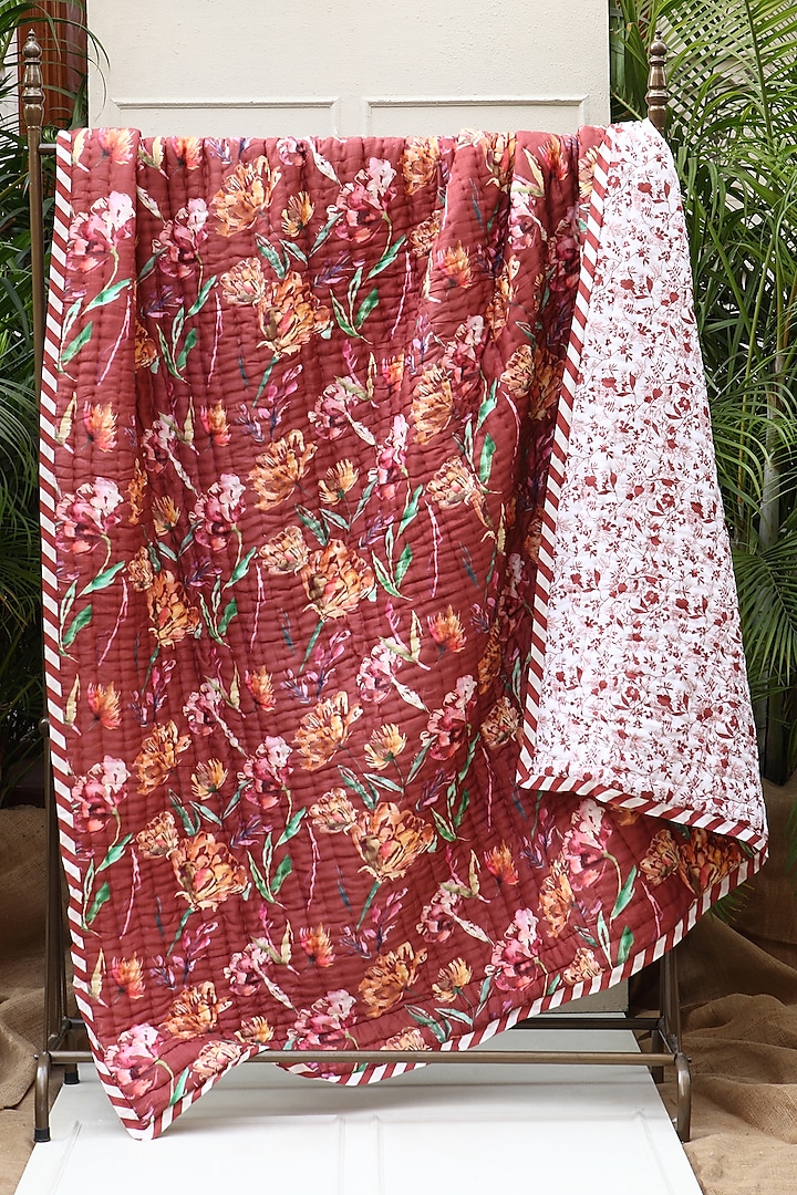 Red Silk & Cotton Botanical Handpainted Reversible Quilt by vVyom