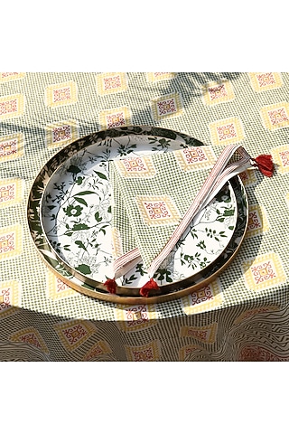 Green Linen Cotton Handblock Printed Napkin Set by Vvyom