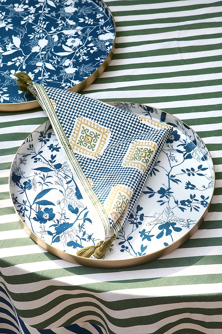 Blue Linen Cotton Handblock Printed Napkin Set by Vvyom