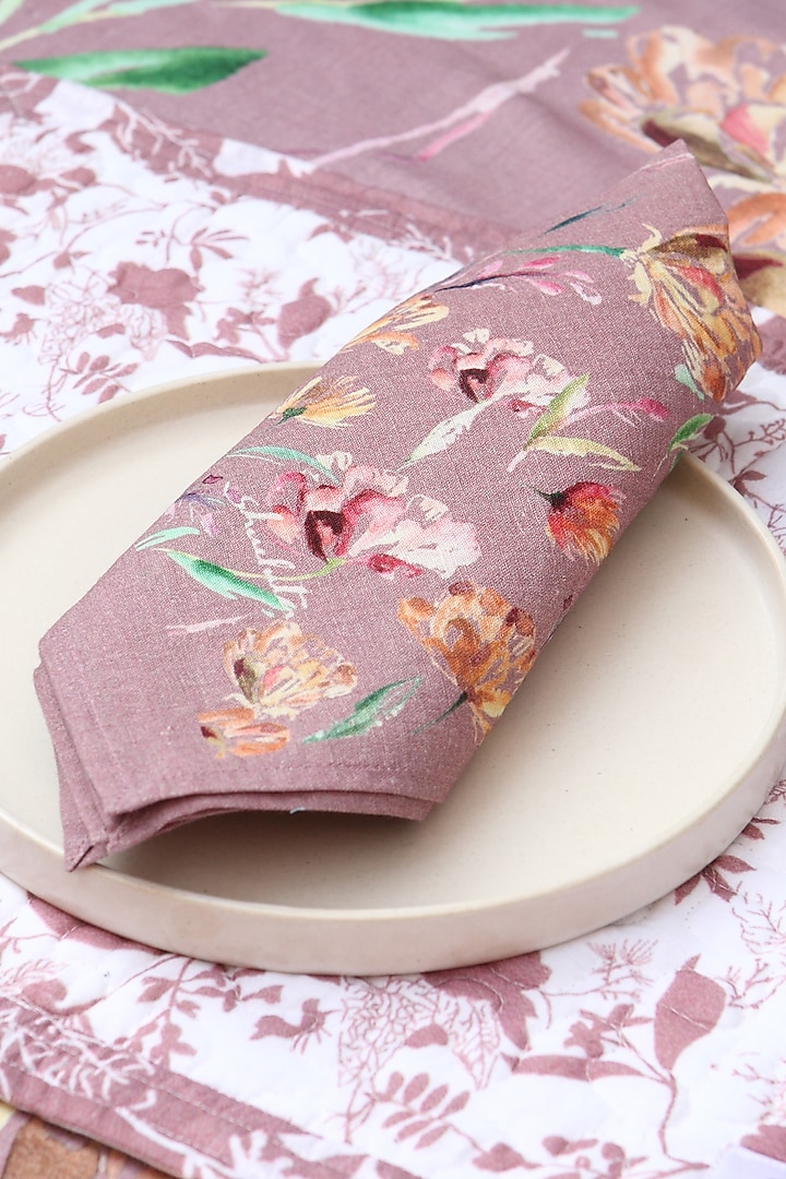 Pink Linen Cotton Hand Painted Napkin (Set of 4) by Vvyom