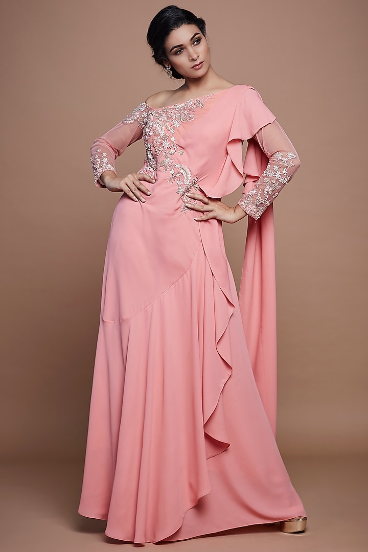 Peach Georgette Draped Saree Gown For Girls by Vyasa by Urvi - Kids at Pernia's Pop Up Shop