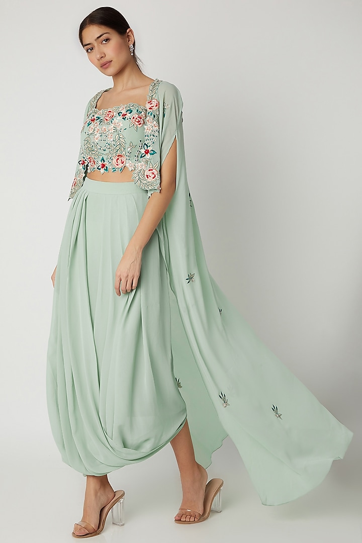 Mint Embroidered Crop Top With Skirt & Cape by Vyasa By Urvi