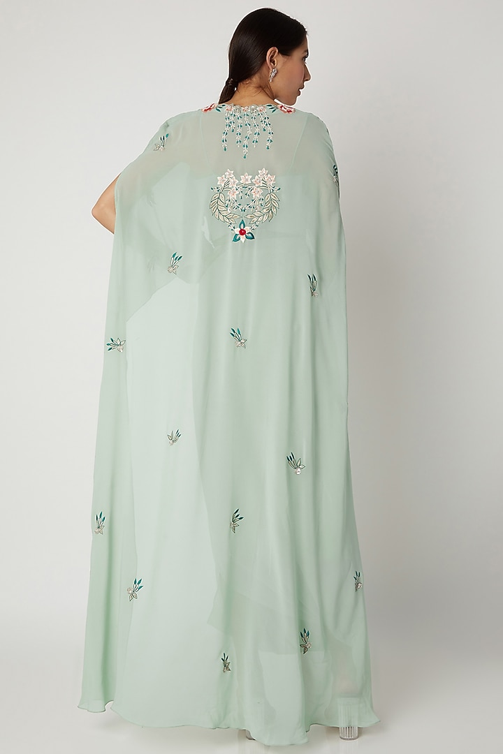 Mint Embroidered Crop Top With Skirt & Cape by Vyasa By Urvi at Pernia's Pop Up Shop