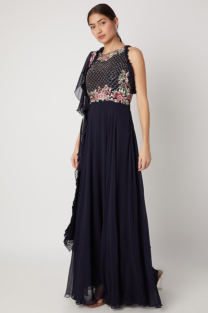 Navy Blue Embroidered Gown With Ruffled Stole by Vyasa By Urvi