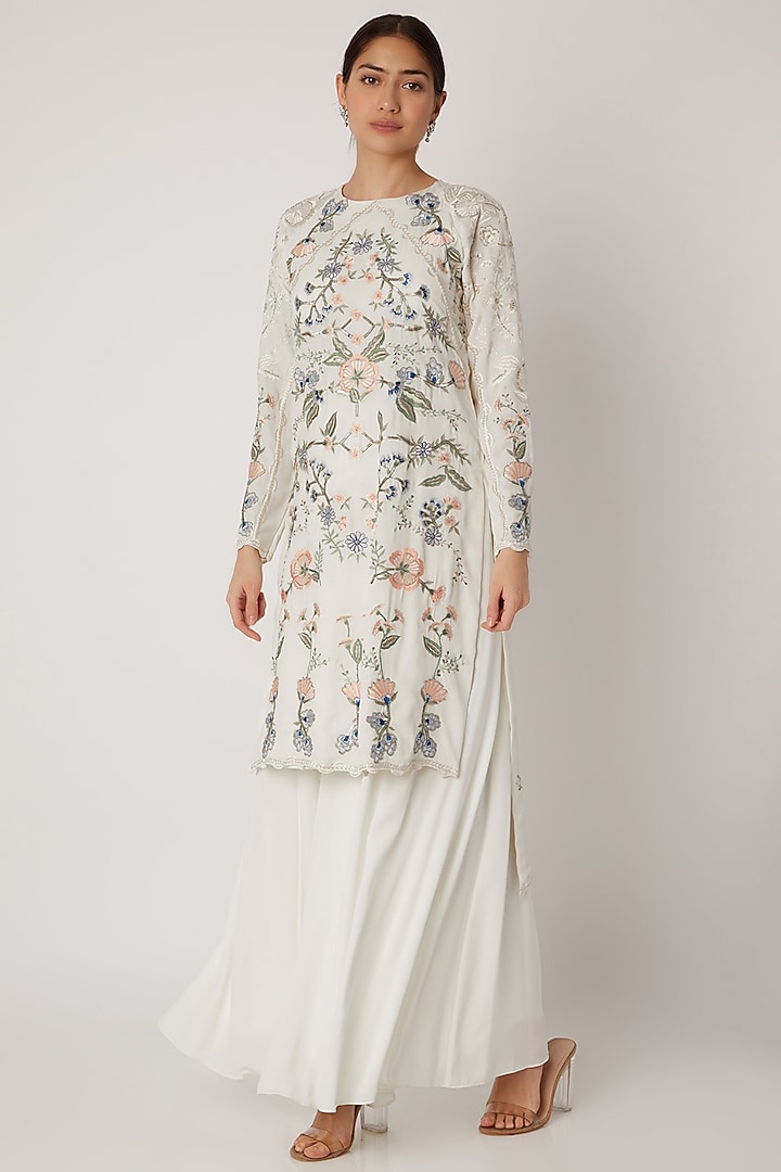Ivory Embroidered Tunic With Sharara Pants by Vyasa By Urvi
