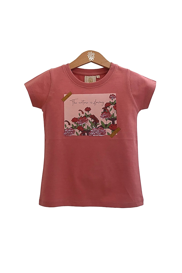 Blush Pink Hand Embroidered T-Shirt For Girls by BYB PREMIUM