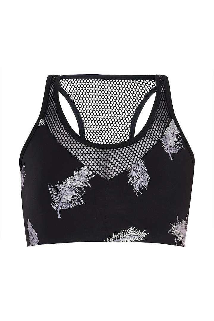 Black embroidered mesh sports bra by Mira rae