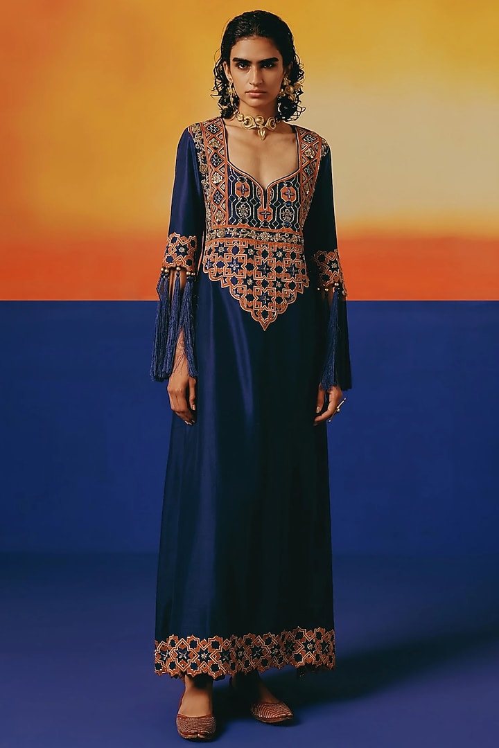 Ink Blue Pure Silk Hand Embroidered Kaftan Set by WARRA at Pernia's Pop Up Shop