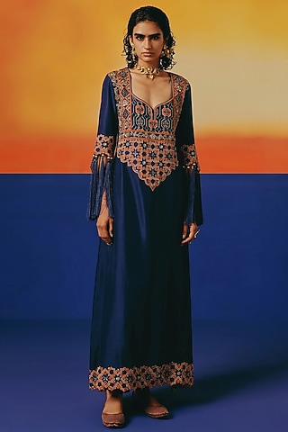 Ink Blue Pure Silk Hand Embroidered Kaftan Set by WARRA