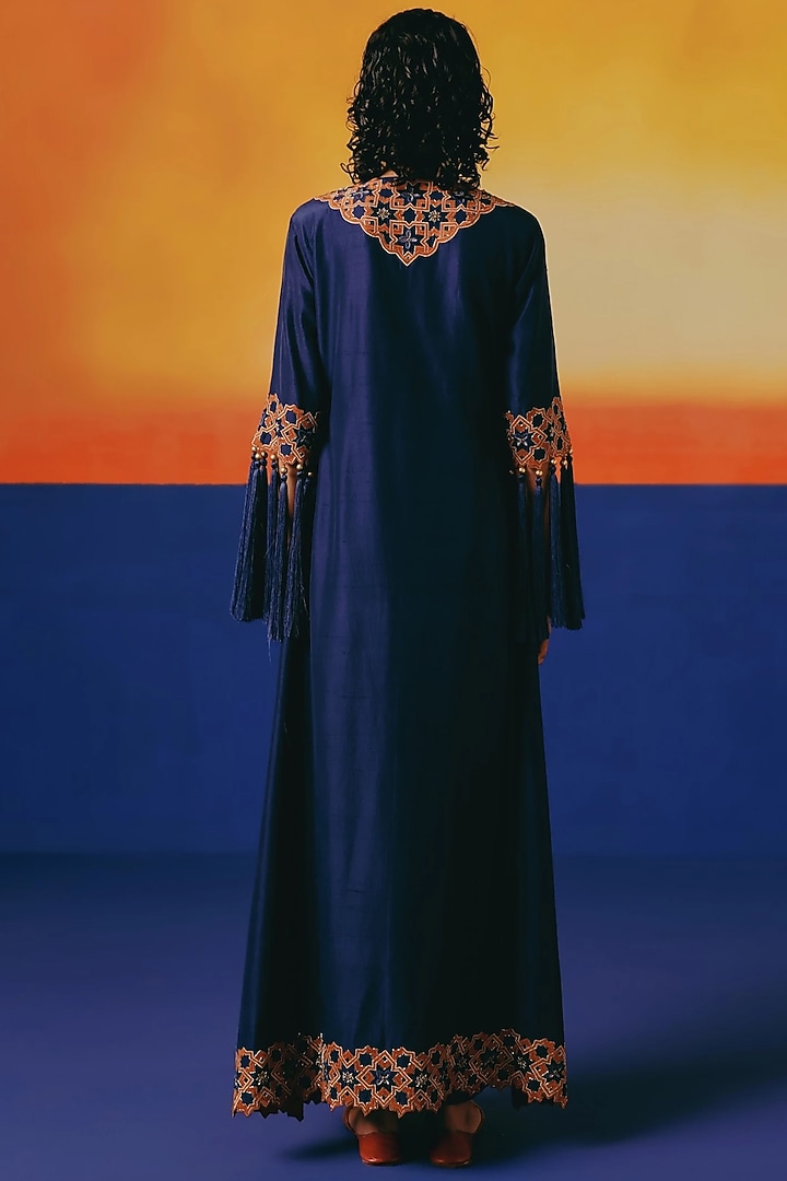 Ink Blue Pure Silk Hand Embroidered Kaftan Set by WARRA at Pernia's Pop Up Shop
