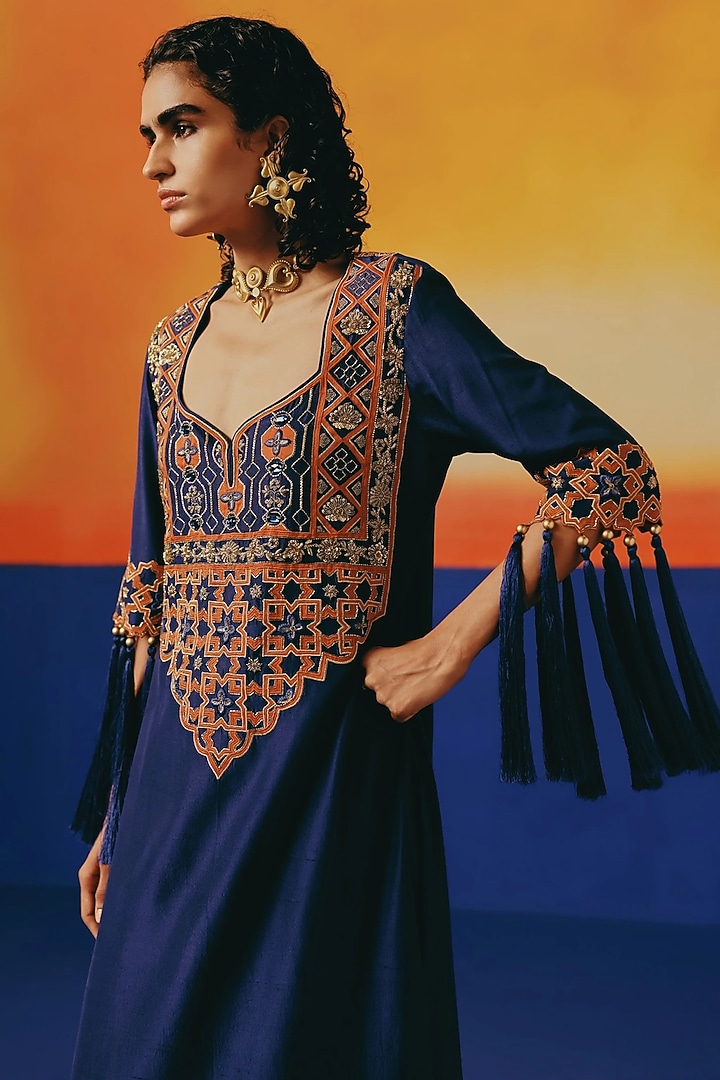Ink Blue Pure Silk Hand Embroidered Kaftan Set by WARRA at Pernia's Pop Up Shop