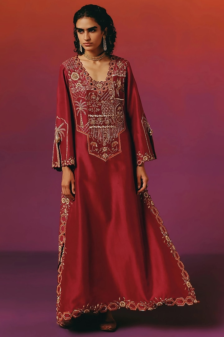 Crimson Red Pure Silk Hand Embroidered Kaftan by WARRA at Pernia's Pop Up Shop