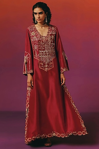 Crimson Red Pure Silk Hand Embroidered Kaftan by WARRA