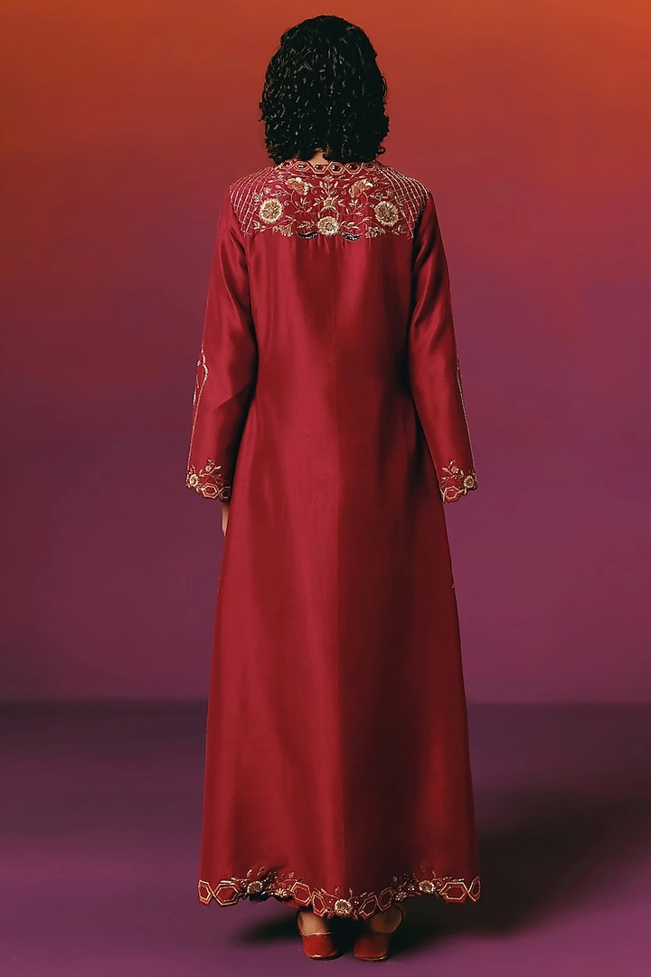 Crimson Red Pure Silk Hand Embroidered Kaftan by WARRA at Pernia's Pop Up Shop