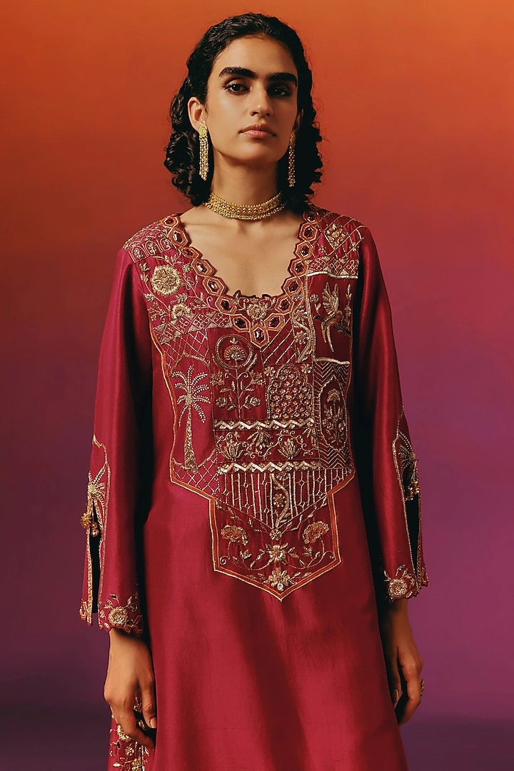 Crimson Red Pure Silk Hand Embroidered Kaftan by WARRA at Pernia's Pop Up Shop