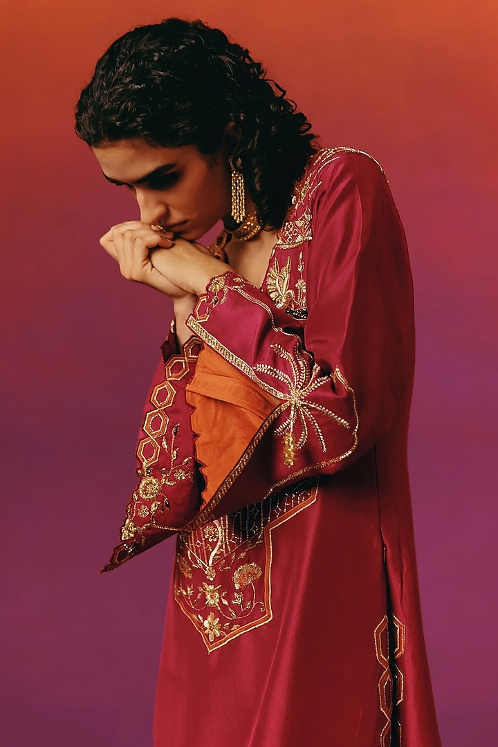 Crimson Red Pure Silk Hand Embroidered Kaftan by WARRA at Pernia's Pop Up Shop