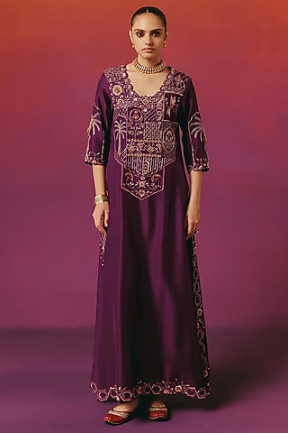 Aubergine Purple Pure Silk Hand Embroidered Kaftan by WARRA