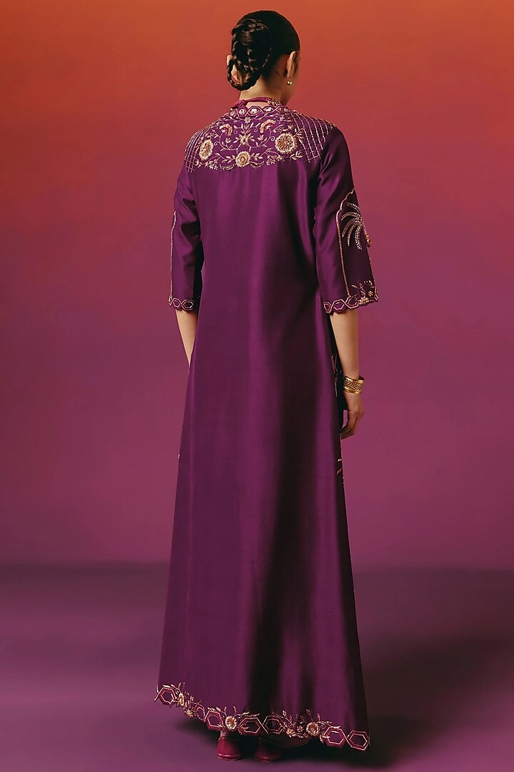 Aubergine Purple Pure Silk Hand Embroidered Kaftan by WARRA at Pernia's Pop Up Shop