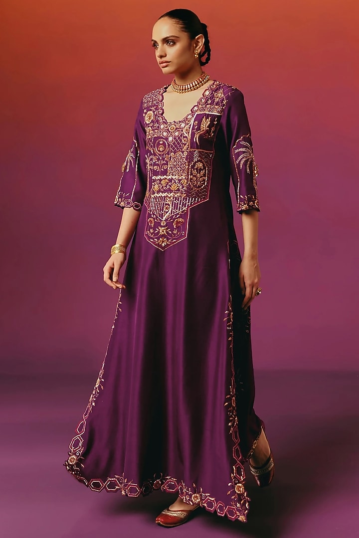 Aubergine Purple Pure Silk Hand Embroidered Kaftan by WARRA at Pernia's Pop Up Shop