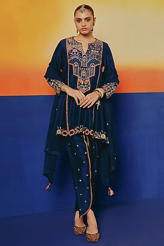 Ink Blue Dupion Silk Hand Embroidered Kurta Set by WARRA