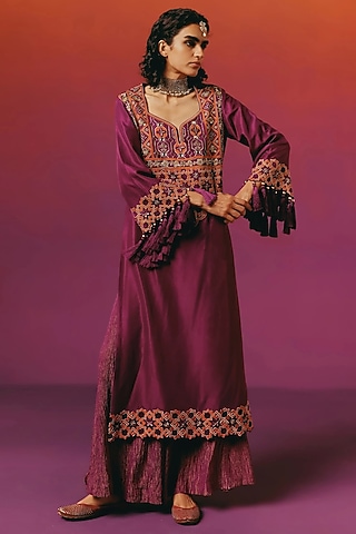 Aubergine Purple Pure Dupion Silk Hand Embroidered Kurta Set by WARRA