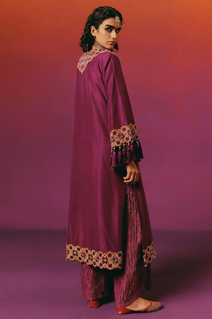 Aubergine Purple Pure Dupion Silk Hand Embroidered Kurta Set by WARRA at Pernia's Pop Up Shop