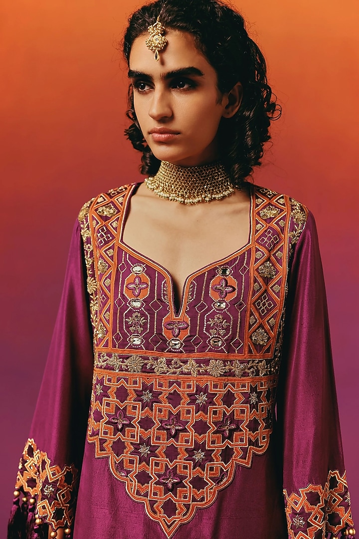 Aubergine Purple Pure Dupion Silk Hand Embroidered Kurta Set by WARRA at Pernia's Pop Up Shop