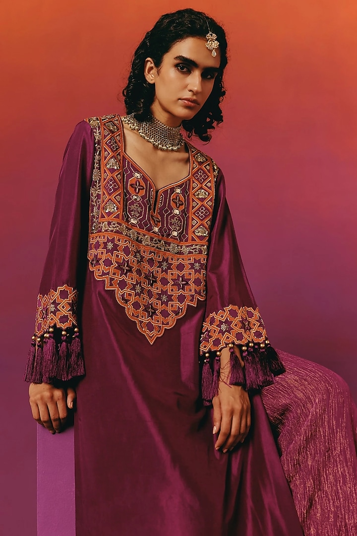 Aubergine Purple Pure Dupion Silk Hand Embroidered Kurta Set by WARRA at Pernia's Pop Up Shop