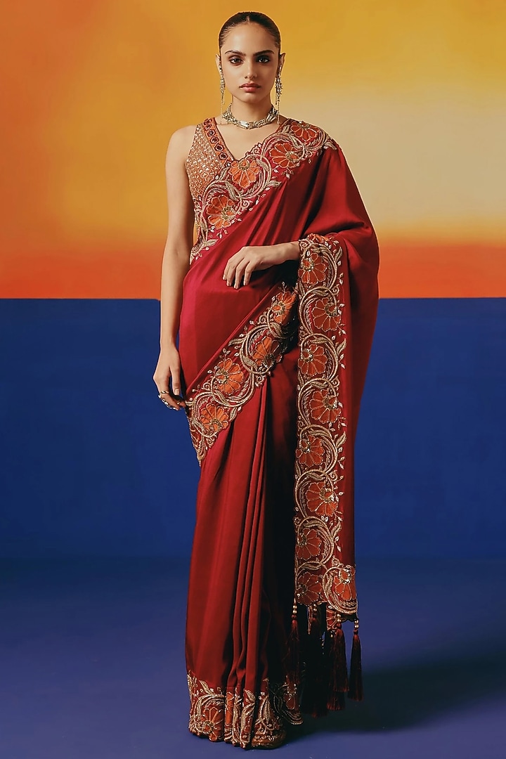 Crimson Red Pure Dupion Silk Dabka Hand Embroidered Reception Saree Set by WARRA at Pernia's Pop Up Shop