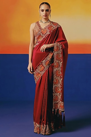 Crimson Red Pure Dupion Silk Dabka Hand Embroidered Saree Set by WARRA