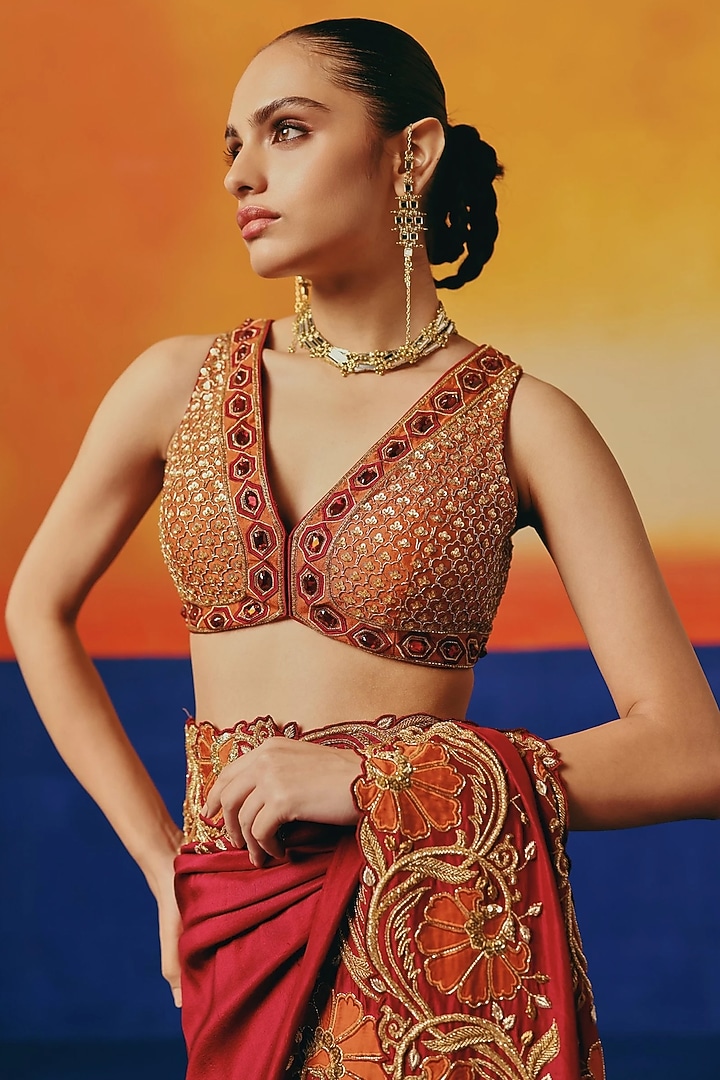Crimson Red Pure Dupion Silk Dabka Hand Embroidered Reception Saree Set by WARRA at Pernia's Pop Up Shop