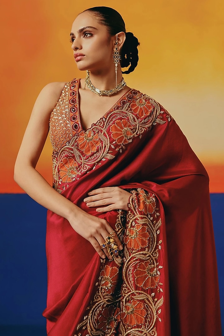 Crimson Red Pure Dupion Silk Dabka Hand Embroidered Reception Saree Set by WARRA at Pernia's Pop Up Shop