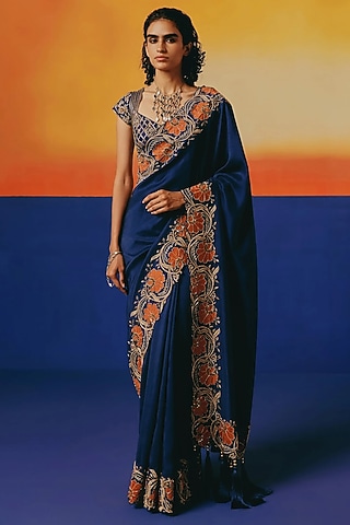Ink Blue Pure Dupion Silk Dabka Hand Embroidered Saree Set by warra