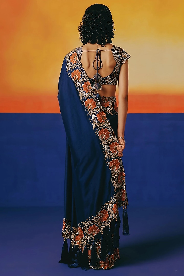 Ink Blue Pure Dupion Silk Dabka Hand Embroidered Reception Saree Set by WARRA at Pernia's Pop Up Shop