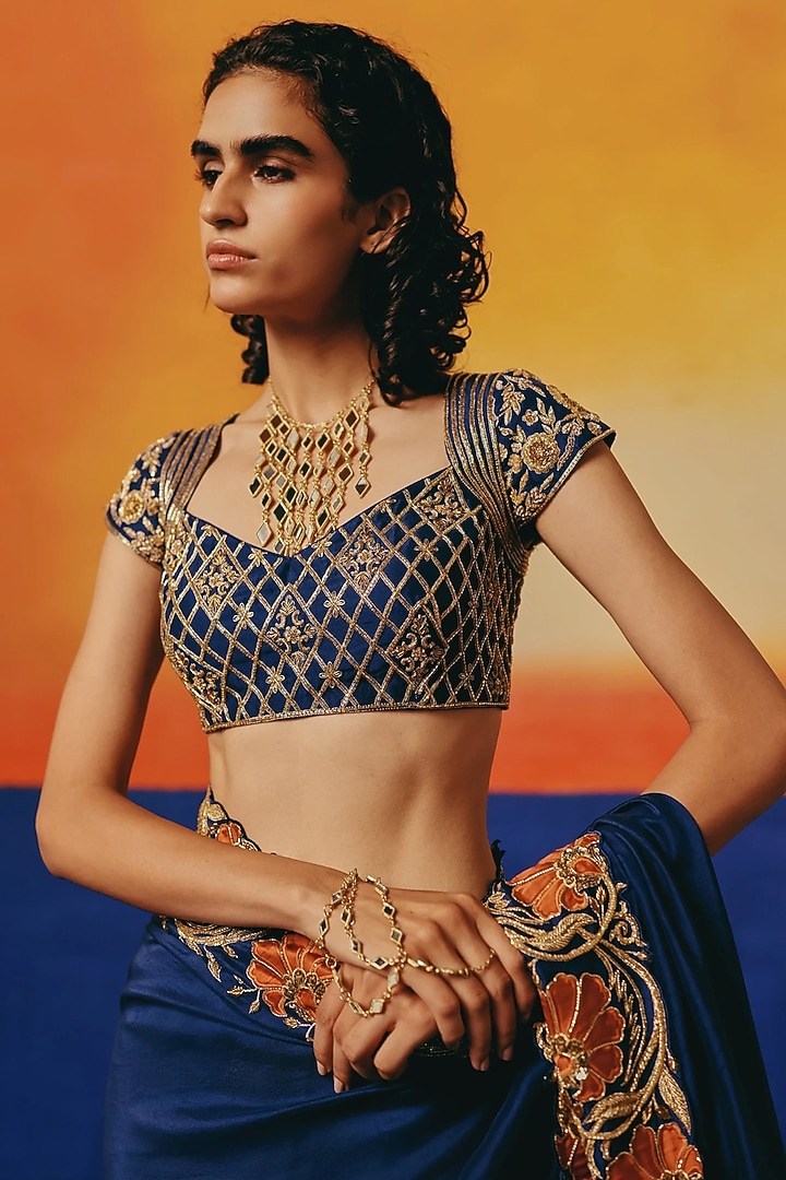 Ink Blue Pure Dupion Silk Dabka Hand Embroidered Reception Saree Set by WARRA at Pernia's Pop Up Shop