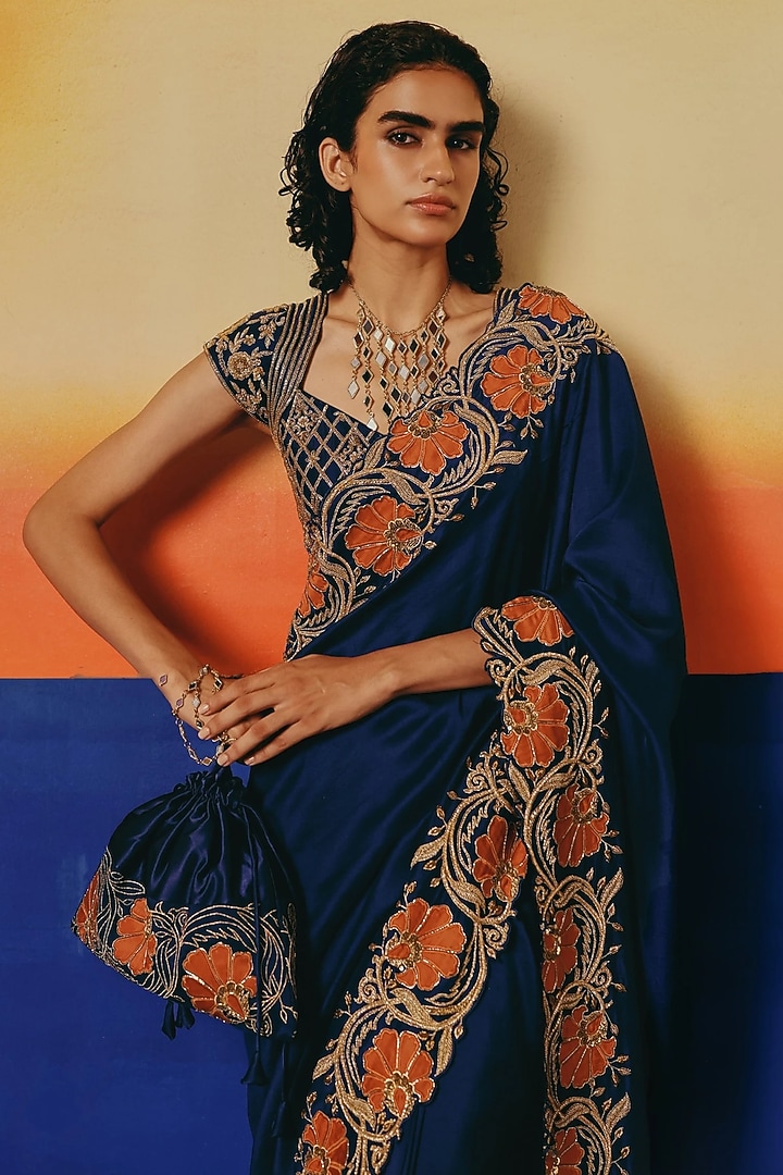 Ink Blue Pure Dupion Silk Dabka Hand Embroidered Reception Saree Set by WARRA at Pernia's Pop Up Shop