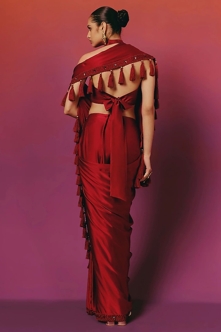 Crimson Red Pure Satin Resham Work Draped Wedding Saree Set by WARRA at Pernia's Pop Up Shop