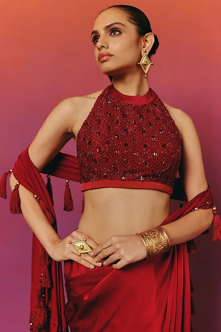 Crimson Red Pure Satin Resham Work Draped Wedding Saree Set by WARRA at Pernia's Pop Up Shop