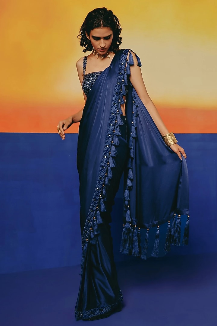Ink Blue Pure Satin Resham Work Draped Wedding Saree Set by WARRA at Pernia's Pop Up Shop