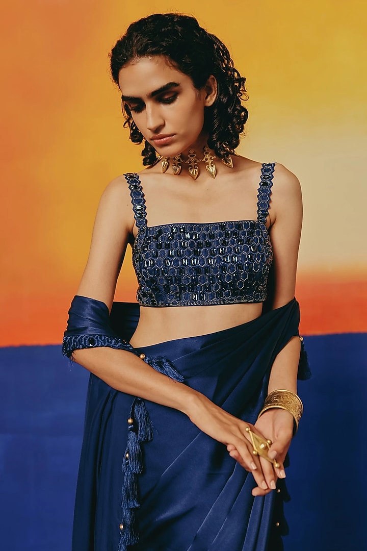 Ink Blue Pure Satin Resham Work Draped Wedding Saree Set by WARRA at Pernia's Pop Up Shop