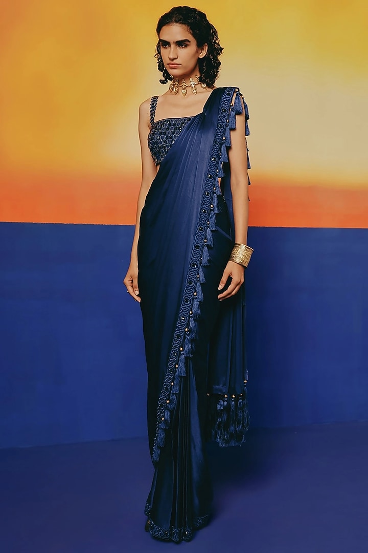 Ink Blue Pure Satin Resham Work Draped Wedding Saree Set by WARRA at Pernia's Pop Up Shop