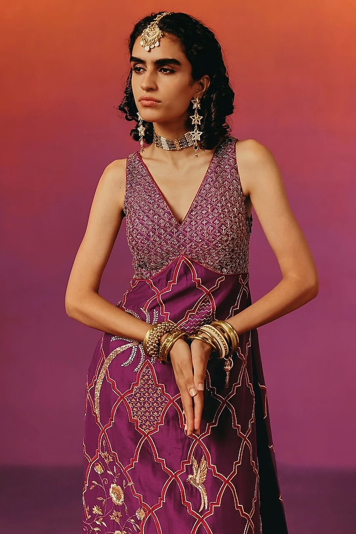 Aubergine Purple Pure Dupion Silk Hand Embroidered Kurta Set by WARRA at Pernia's Pop Up Shop