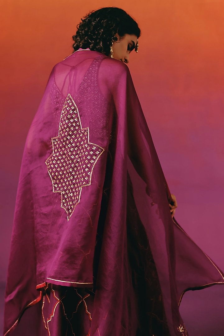 Aubergine Purple Pure Dupion Silk Hand Embroidered Kurta Set by WARRA at Pernia's Pop Up Shop