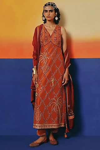 Rust Orange Pure Dupion Silk Hand Embroidered Kurta Set by WARRA
