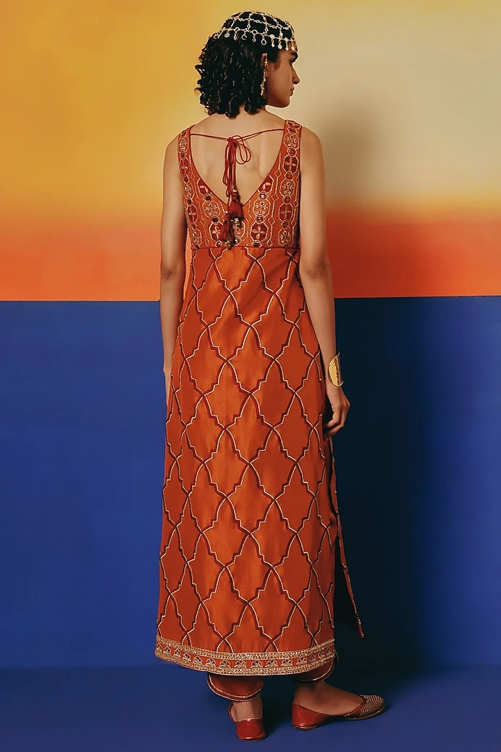 Rust Orange Pure Dupion Silk Hand Embroidered Kurta Set by WARRA at Pernia's Pop Up Shop