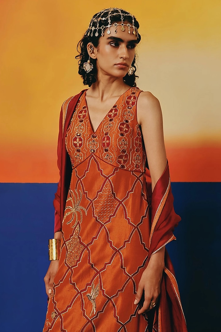 Rust Orange Pure Dupion Silk Hand Embroidered Kurta Set by WARRA at Pernia's Pop Up Shop